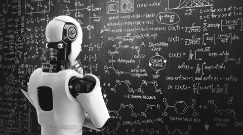 Thinking AI humanoid robot analyzing screen of mathematics formula and science Stockillustratie