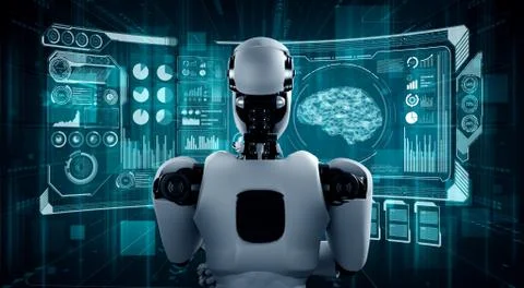 Thinking AI humanoid robot analyzing hologram screen showing concept big data Illustrazione stock