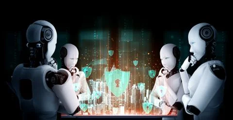 Thinking AI humanoid robot analyzing hologram screen shows concept of network 스톡 일러스트