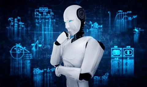 Thinking AI humanoid robot analyzing screen of mathematics formula and science イラスト素材