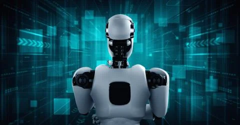 Thinking AI humanoid robot analyzing information data Stock Illustration