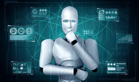 Thinking AI humanoid robot analyzing hologram screen showing concept big data Stock Illustration