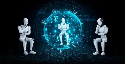 Thinking AI humanoid robot analyzing hologram screen shows concept of network 스톡 일러스트