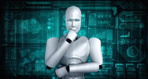 Thinking AI humanoid robot analyzing hologram screen showing concept big data Stock Illustration
