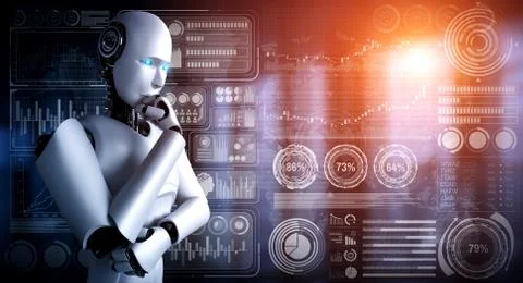 Thinking AI humanoid robot analyzing hologram screen showing concept big data 스톡 일러스트