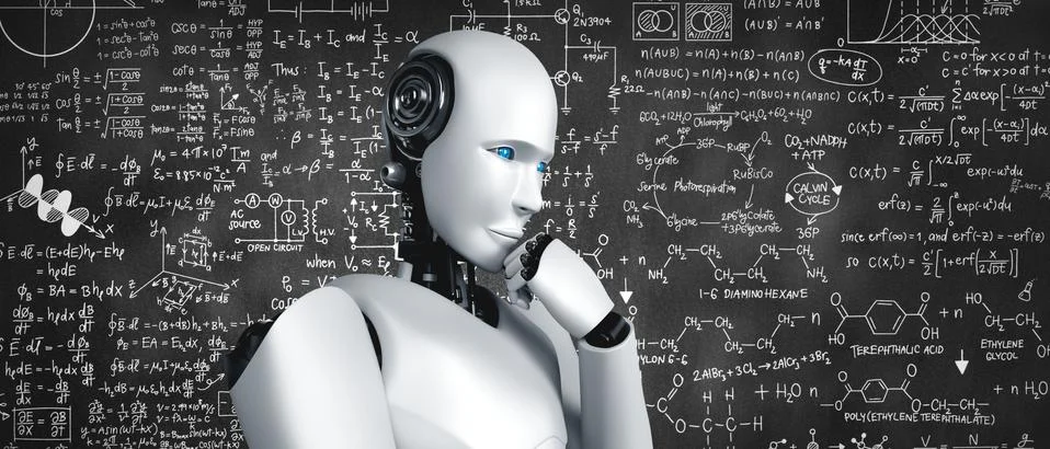 Thinking AI humanoid robot analyzing screen of mathematics formula and science Stockillustratie