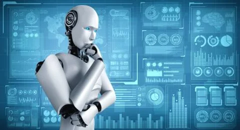Thinking AI humanoid robot analyzing hologram screen showing concept big data Stock Illustration