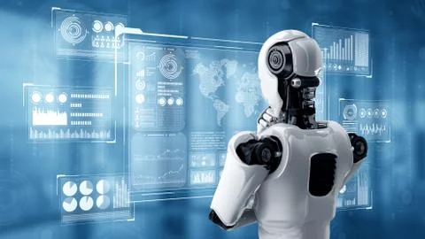 Thinking AI humanoid robot analyzing hologram screen showing concept big data Illustrazione stock