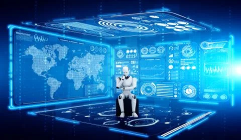 Thinking AI humanoid robot analyzing hologram screen showing concept big data Stock Illustration