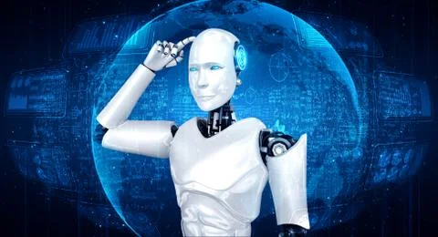 Thinking AI humanoid robot analyzing screen of mathematics formula and science イラスト素材