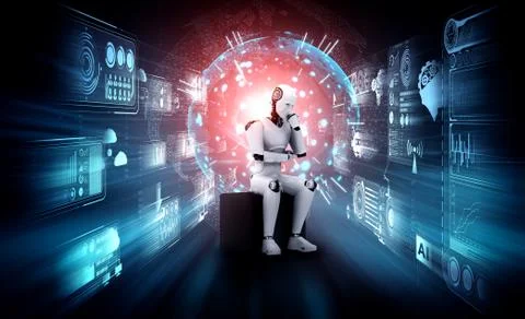 Thinking AI humanoid robot analyzing hologram screen shows concept of network 스톡 일러스트