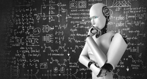 Thinking AI humanoid robot analyzing screen of mathematics formula and science 스톡 일러스트