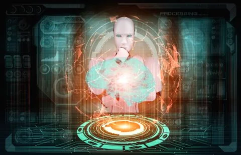 Thinking AI humanoid robot analyzing hologram screen showing concept of AI Stock Illustration