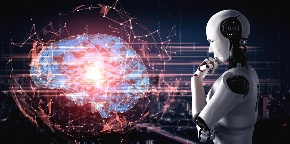 Thinking AI humanoid robot analyzing hologram screen showing concept of AI Illustrazione stock