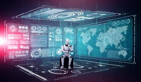 Thinking AI humanoid robot analyzing hologram screen showing concept big data Illustrazione stock