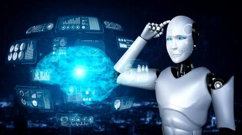 Thinking AI humanoid robot analyzing hologram screen showing concept of AI Stock Illustration