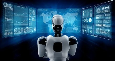 Thinking AI humanoid robot analyzing hologram screen showing concept big data Stock Illustration