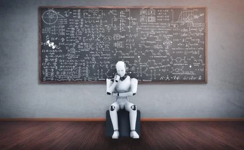 Thinking AI humanoid robot analyzing screen of mathematics formula and science イラスト素材
