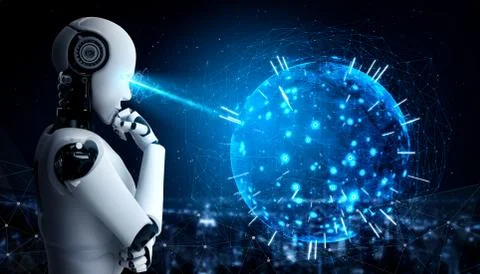 Thinking AI humanoid robot analyzing hologram screen shows concept of network Stock Illustration