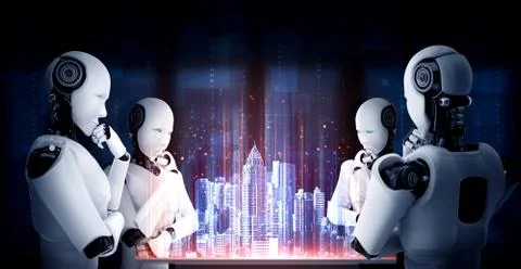 Thinking AI humanoid robot analyzing hologram screen shows concept of network 스톡 일러스트