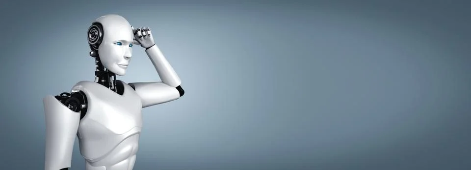 Thinking AI humanoid robot analyzing information data Stock Illustration