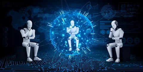 Thinking AI humanoid robot analyzing hologram screen shows concept of network Illustrazione stock