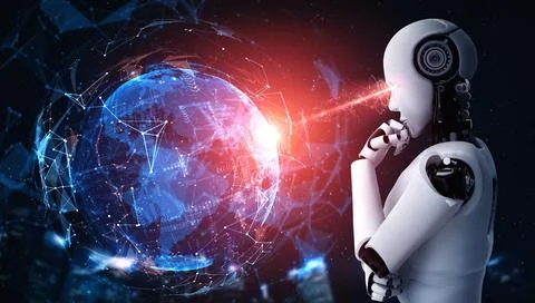 Thinking AI humanoid robot analyzing hologram screen shows concept of network 스톡 일러스트