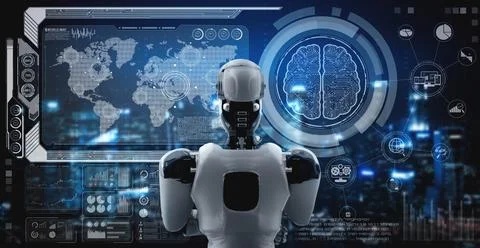 Thinking AI humanoid robot analyzing hologram screen showing concept big data 스톡 일러스트