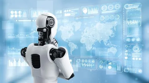 Thinking AI humanoid robot analyzing hologram screen showing concept big data Illustrazione stock