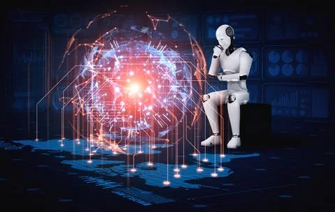 Thinking AI humanoid robot analyzing hologram screen shows concept of network Stock Illustration