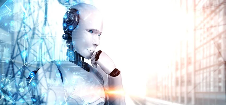 Thinking AI humanoid robot analyzing information data Stockillustratie