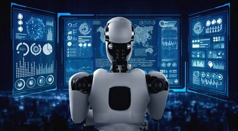 Thinking AI humanoid robot analyzing hologram screen showing concept big data Illustrazione stock