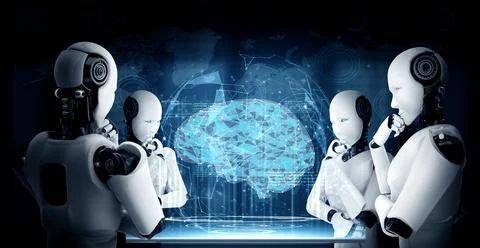 Thinking AI humanoid robot analyzing hologram screen showing concept of AI Stock Illustration