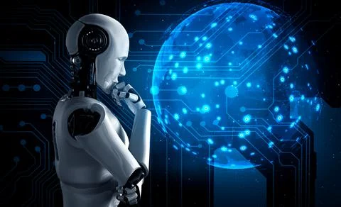 Thinking AI humanoid robot analyzing hologram screen shows concept of network Illustrazione stock