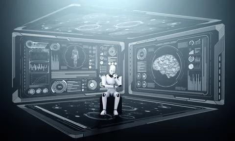 Thinking AI humanoid robot analyzing hologram screen showing concept big data Illustrazione stock