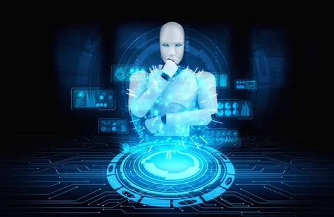 Thinking AI humanoid robot analyzing hologram screen showing concept big data Stock Illustration