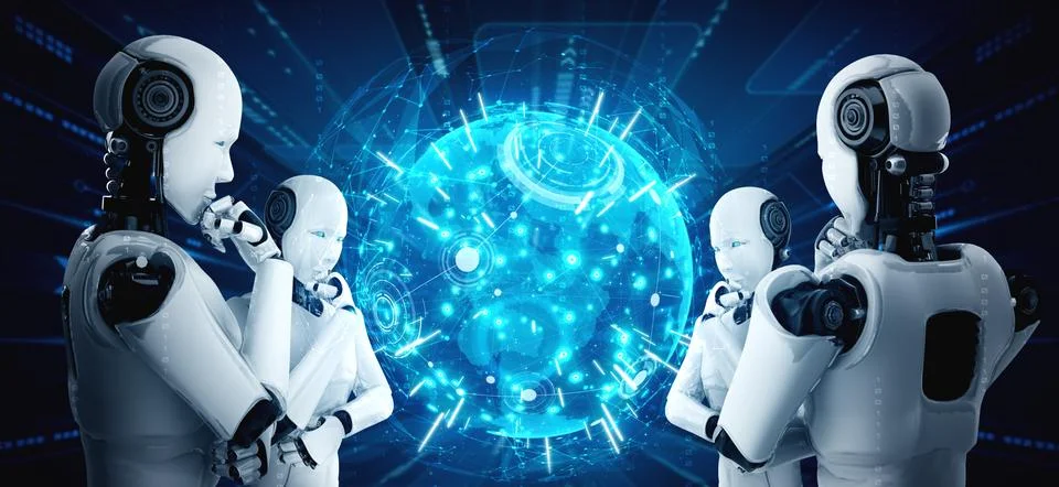 Thinking AI humanoid robot analyzing hologram screen shows concept of network 스톡 일러스트