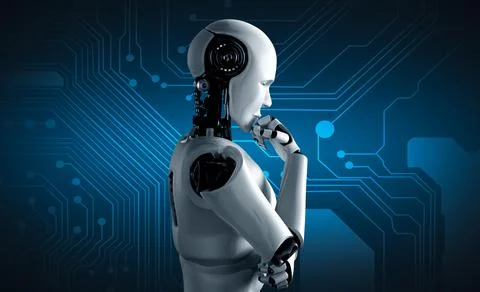 Thinking AI humanoid robot analyzing information data Stock Illustration