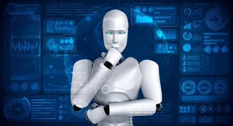Thinking AI humanoid robot analyzing hologram screen showing concept big data Illustrazione stock
