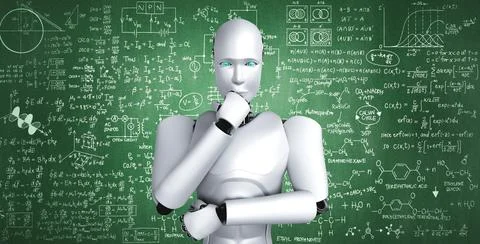 Thinking AI humanoid robot analyzing screen of mathematics formula and science Stock Illustration