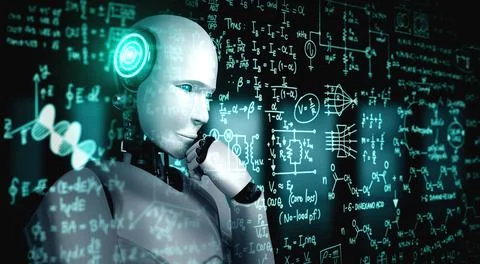 Thinking AI humanoid robot analyzing screen of mathematics formula and science Stock Illustration