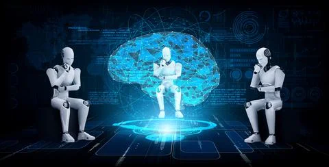 Thinking AI humanoid robot analyzing hologram screen showing concept of AI Stock Illustration