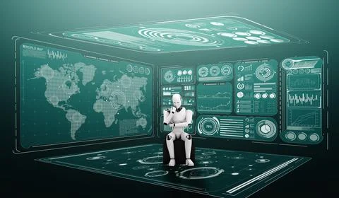 Thinking AI humanoid robot analyzing hologram screen showing concept big data Illustrazione stock