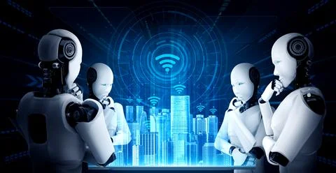 Thinking AI humanoid robot analyzing hologram screen shows concept of network 스톡 일러스트