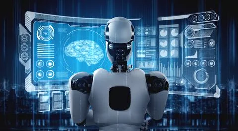 Thinking AI humanoid robot analyzing hologram screen showing concept of AI Stock Illustration