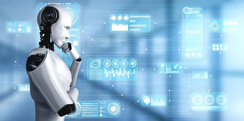 Thinking AI humanoid robot analyzing hologram screen showing concept big data Stock Illustration