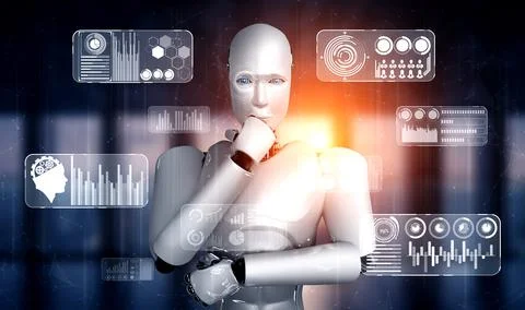 Thinking AI humanoid robot analyzing hologram screen showing concept big data Stock Illustration