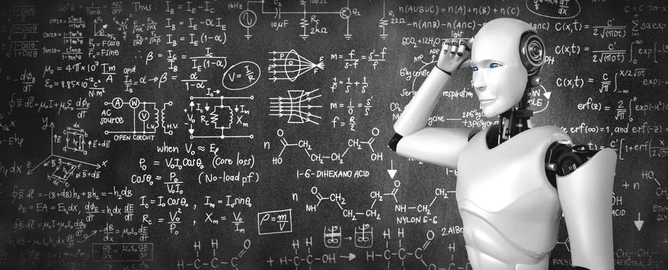 Thinking AI humanoid robot analyzing screen of mathematics formula and science イラスト素材