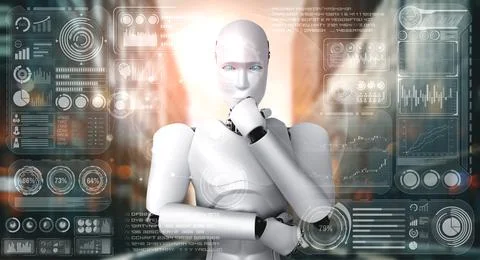 Thinking AI humanoid robot analyzing hologram screen showing concept big data Illustrazione stock