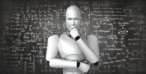 Thinking AI humanoid robot analyzing screen of mathematics formula and science イラスト素材